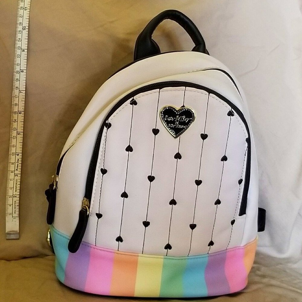 Betsey Johnson Pastel Rainbow and Black Hearts Mini Backpack